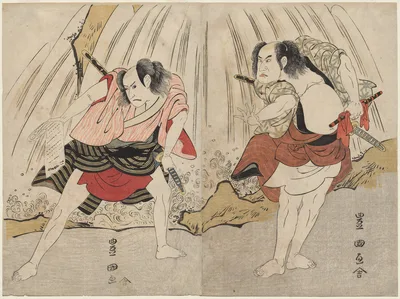 Kataoka Nizaemon VII and Ichikawa Yaozo III in a Confrontation Beside…, 1797