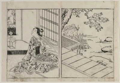 Woman Looking at a Hanging Scroll, 1740