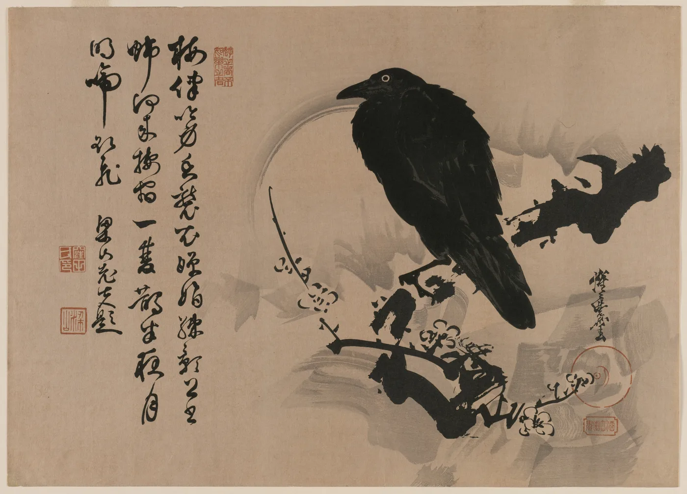Full Moon with Crow on Plum Branch, 1880