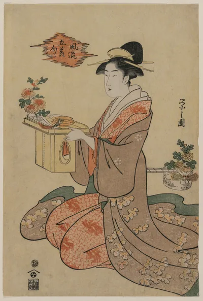 Woman Holding a Wooden Cup Stand Decorated with Chrysanthemums (from…, 1790