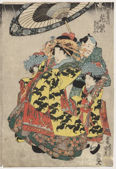 The Courtesans Hanamurasaki and Koshikibu of the Tamaya Promenading…, 1830