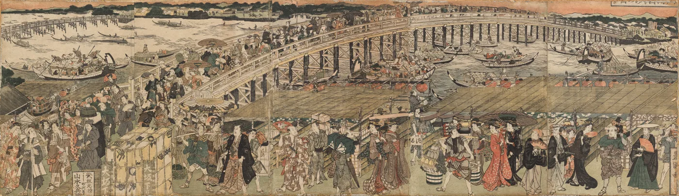 Cooling Off at Ryōgoku Bridge in Edo, a Pentaptych  (Edo Ryôgoku…, 1811