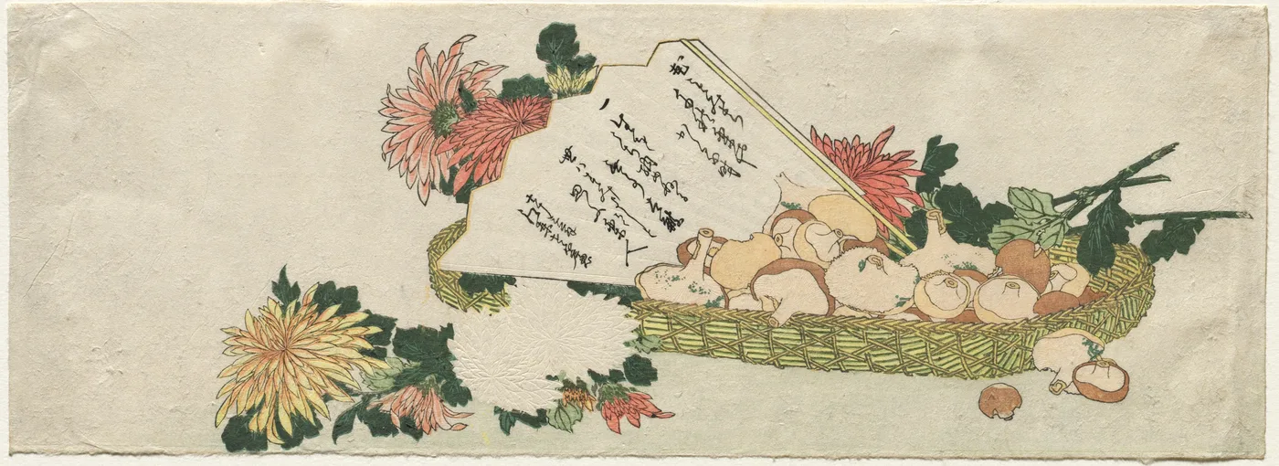Basket with Fan, Chrysanthemums, and Mushrooms, 1800