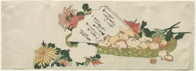 Photograph from 1800: Basket with Fan, Chrysanthemums, and Mushrooms
