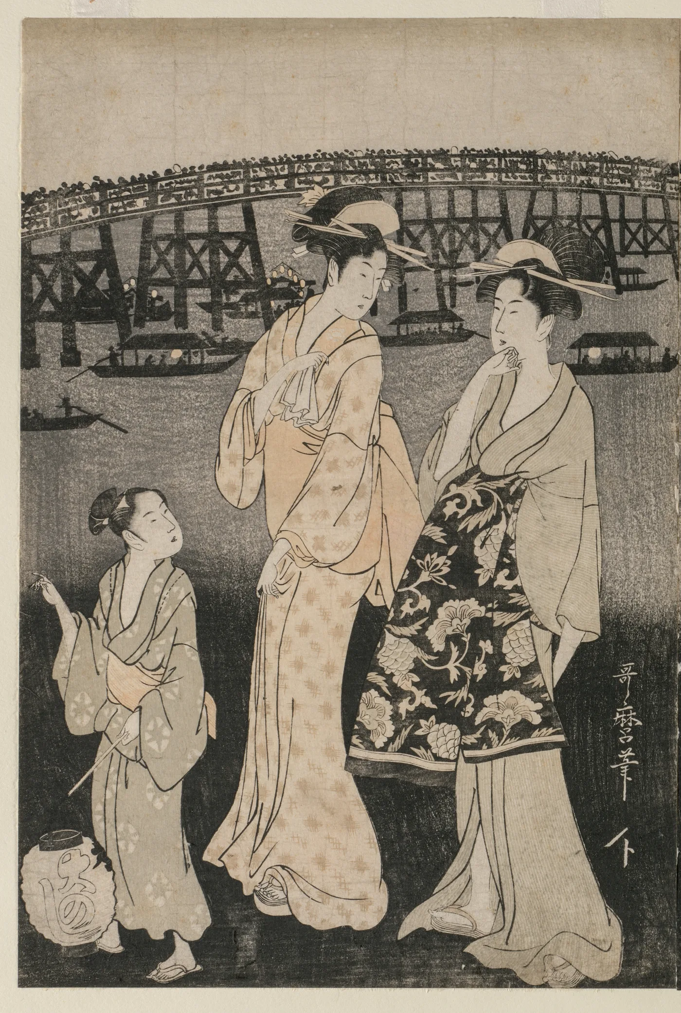 Women Enjoying the Evening Cool Near Ryogoku Bridge, 1790