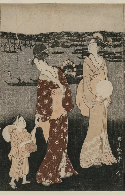 Women Enjoying the Evening Cool Near Ryogoku Bridge, 1790
