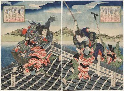 Arashi Rikan II as Inuzuka Shino Moritaka and Nakamura Utaemon III as…, 1834