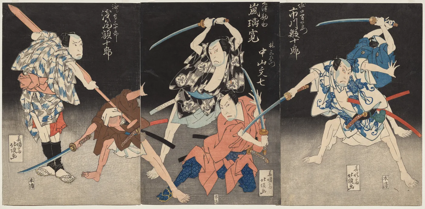 Ichikawa Ebijūrō II as Horiguchi Manzaemon (right), Arashi Rikan II…, 1829