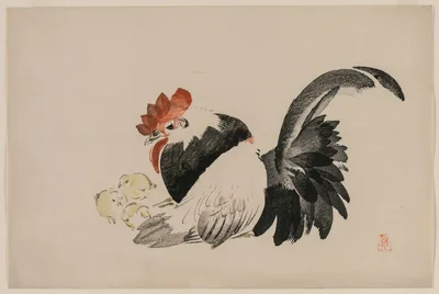 Rooster, Hen, and Chicks, 1880