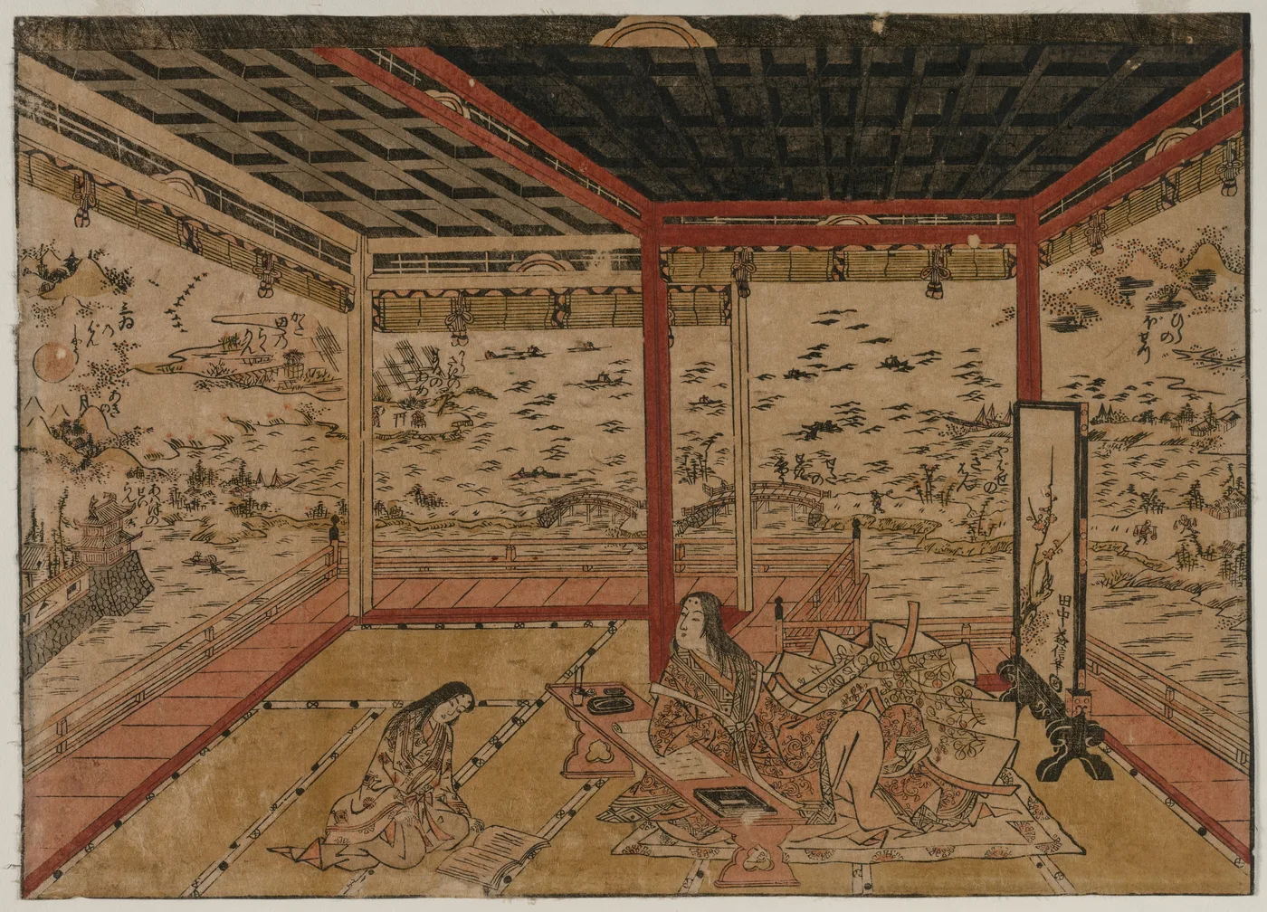Lady Murasaki at Ishiyama Overlooking a Panorama with Eight Views of…, 1740