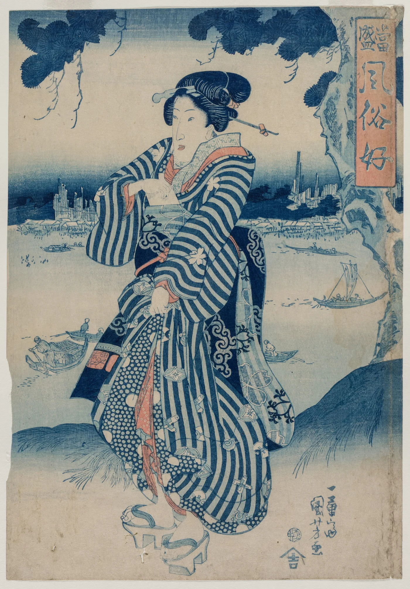 Geisha Standing on the Bank of the Sumida River (from the series…, 1830